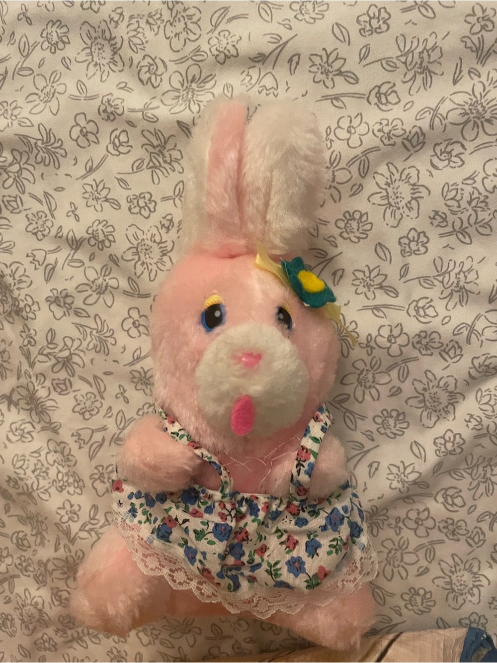 Vintage Pink Bunny Plush with Floral Dress and Yellow Bow
